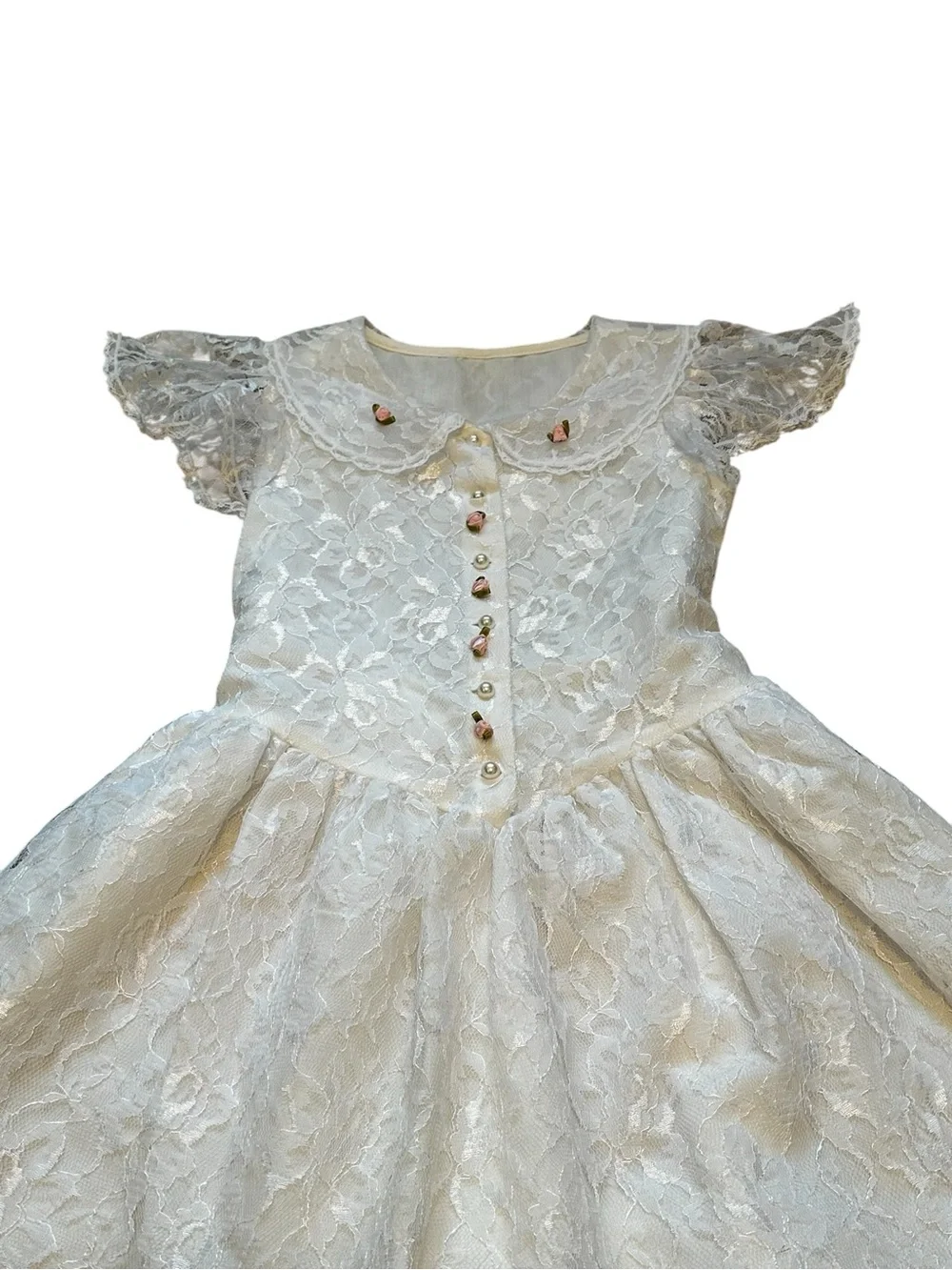 Vintage Girls White Lace Basque Waist Dress Rosettes Party Flower Girl Wedding
